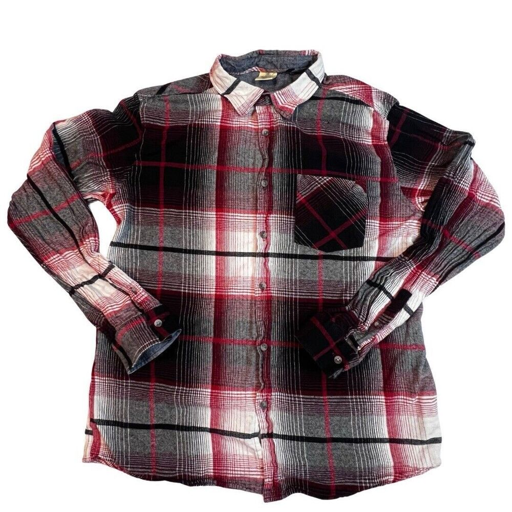 Rustic Blue Button Up Top Womens XL Red Gray Plaid Cotton Knit Basic Casual Top